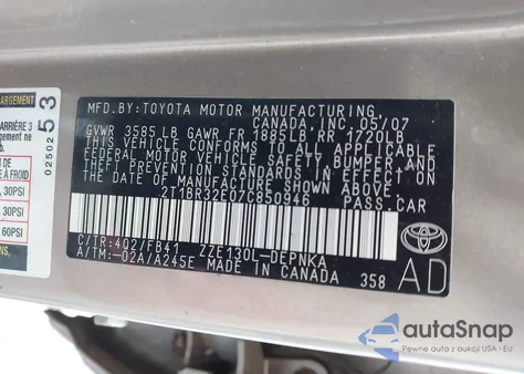 2007 Toyota Corolla Le from USA, damaged, VIN 2T1BR32E07C850946